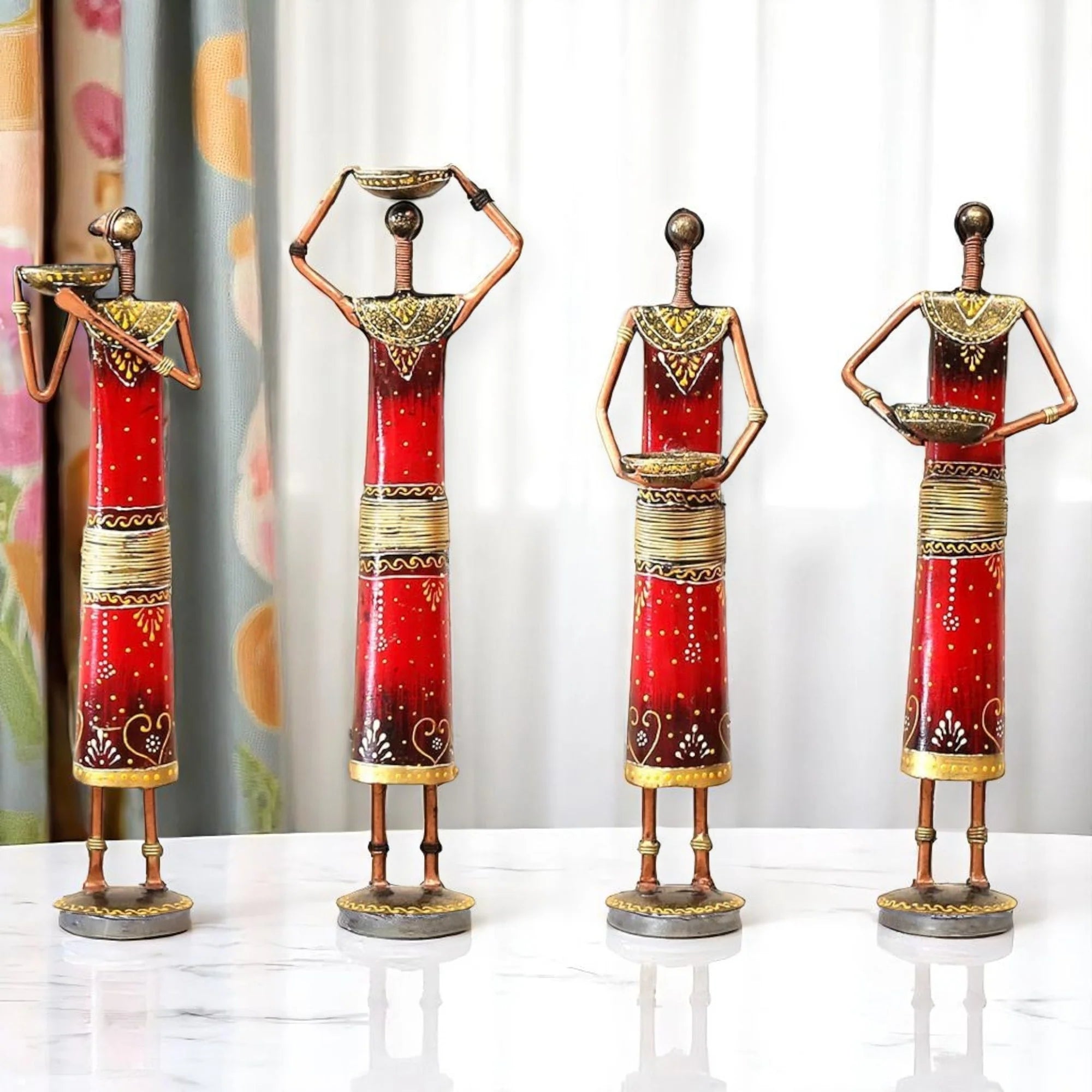 Iron Tribal Doll Tea Light Candle Holder Set of 4 Red Main image