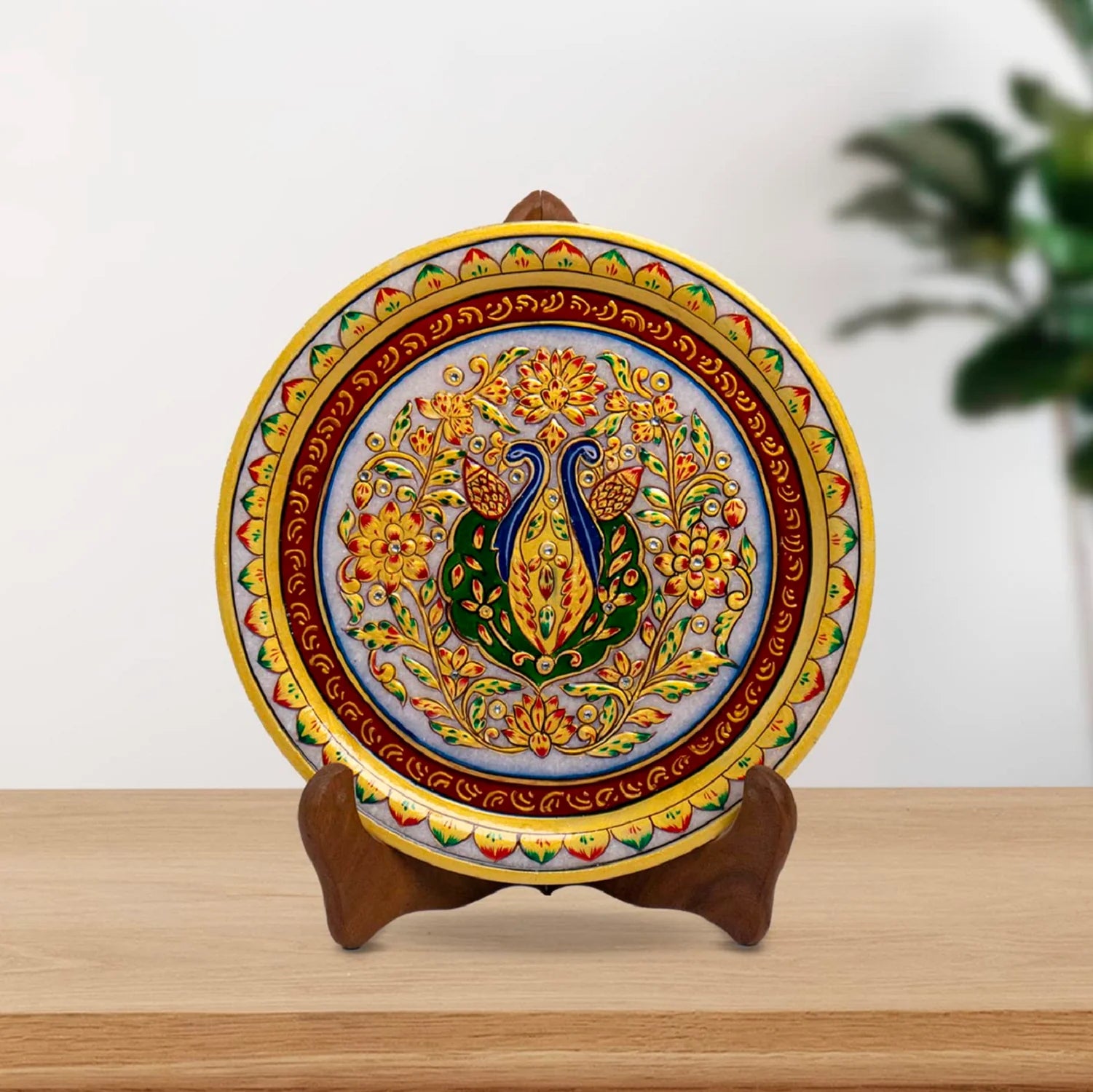 Marble Round Peocock Plate With Wood Stand Main image