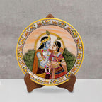 Marble Round Radha Krishan Plate With Wood Stand