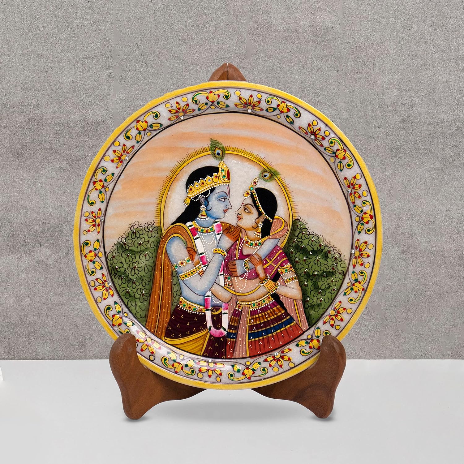 Marble Round Radha Krishan Plate With Wood Stand