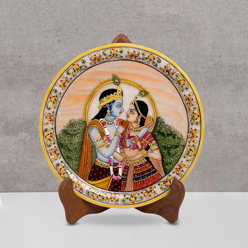 Marble Round Radha Krishan Plate With Wood Stand