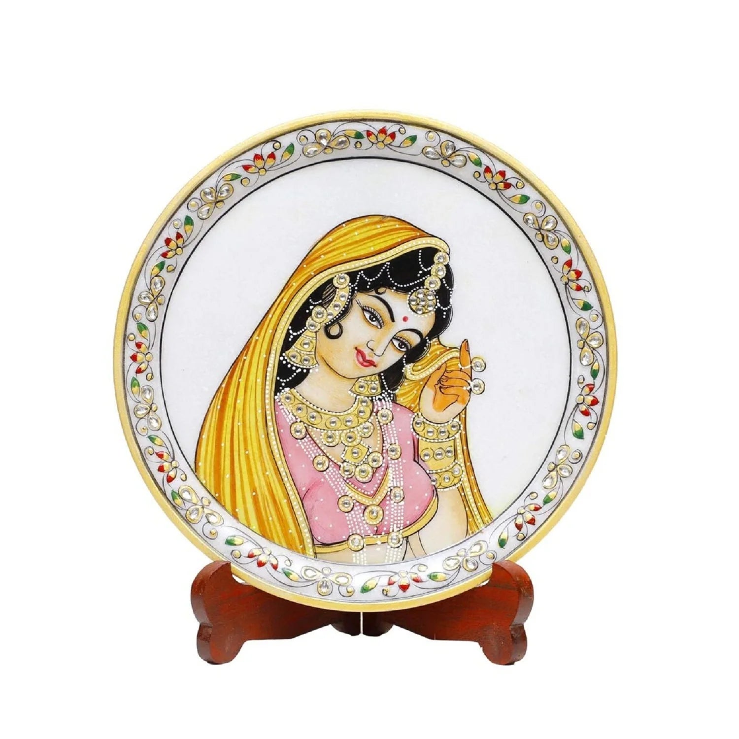 Marble Round Ragini With pallu Plate With Wood Stand