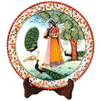 Marble Round Ragini With Peocock Plate With Wood Stand