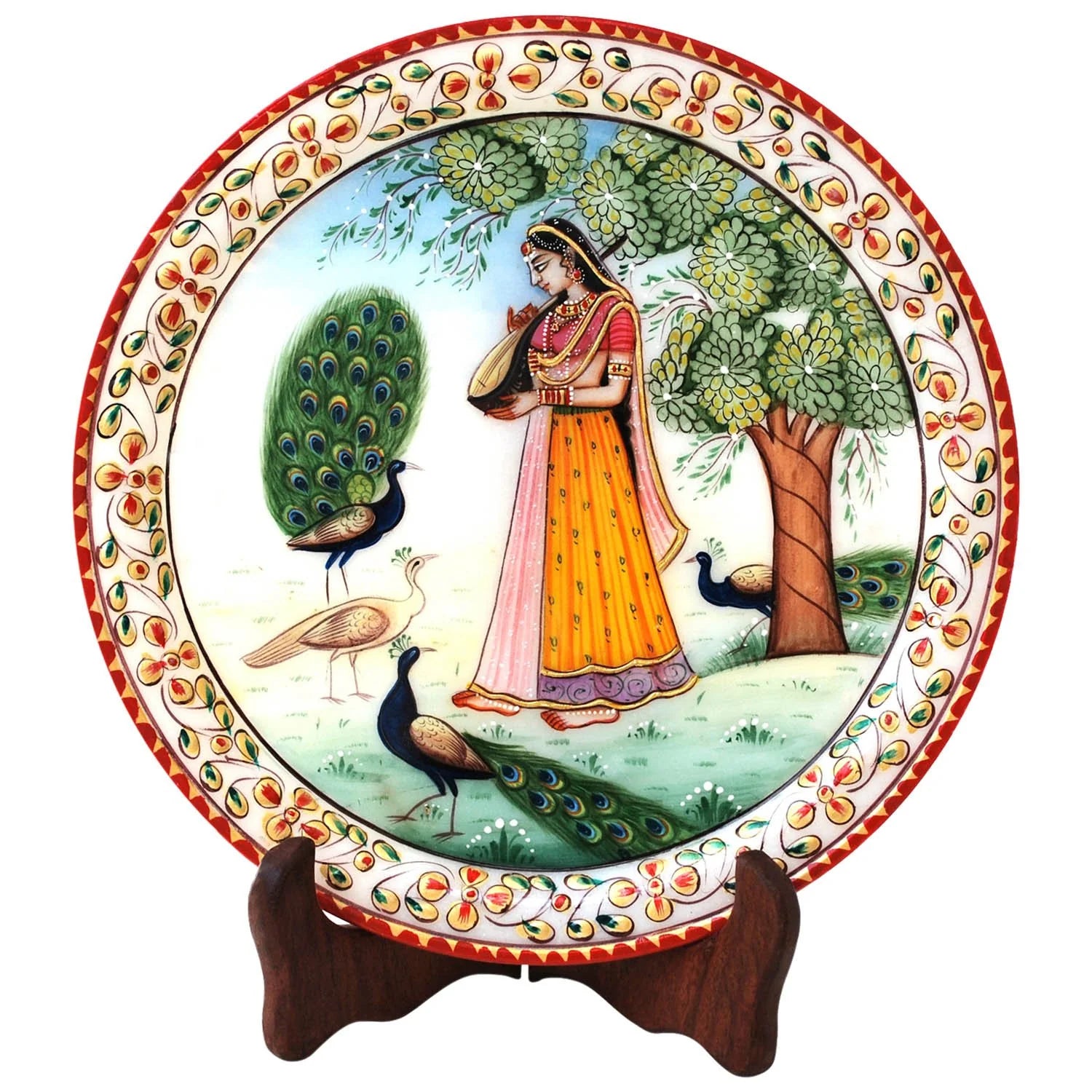 Marble Round Ragini With Peocock Plate With Wood Stand