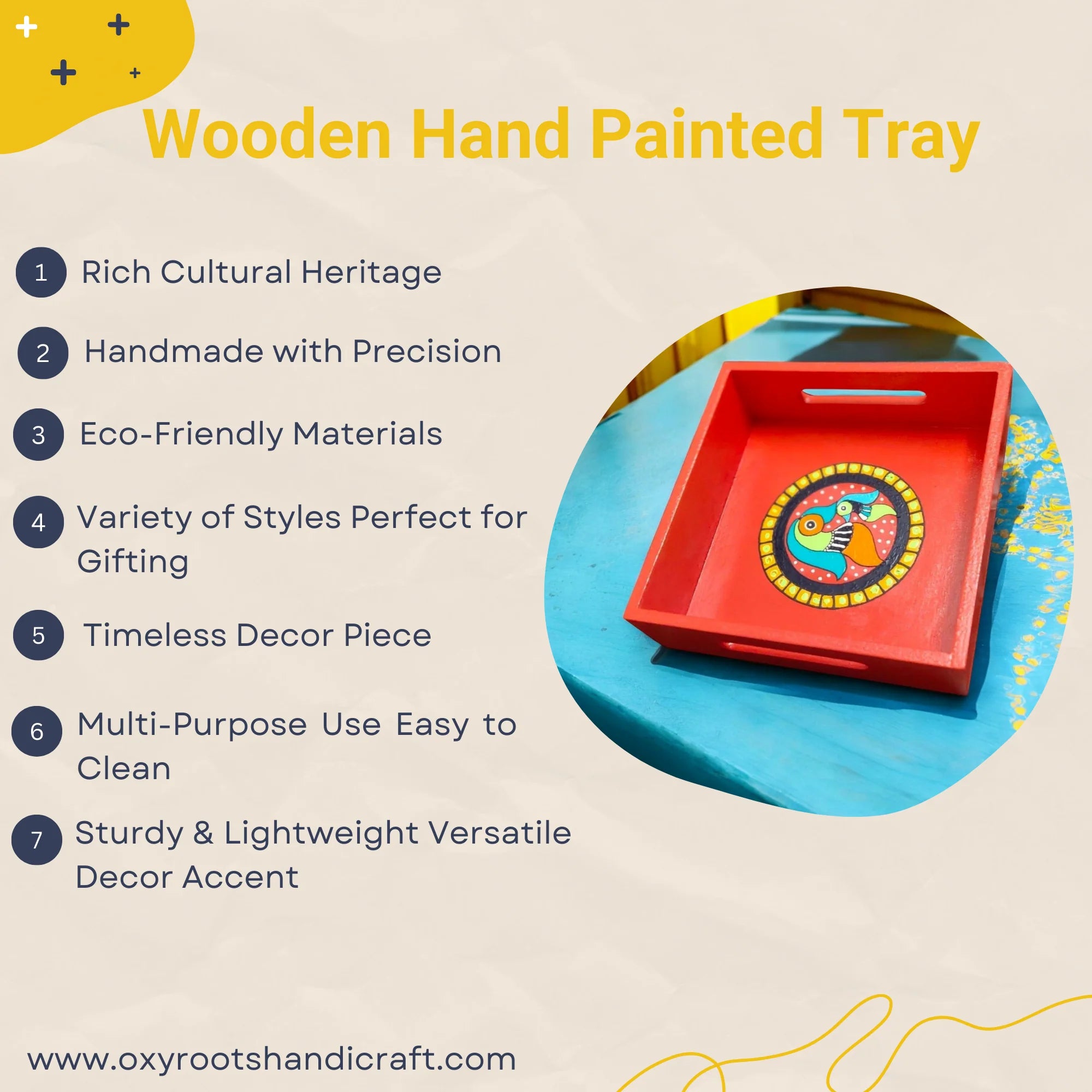 Wooden Hand Painted Serving Tray - Bird Design